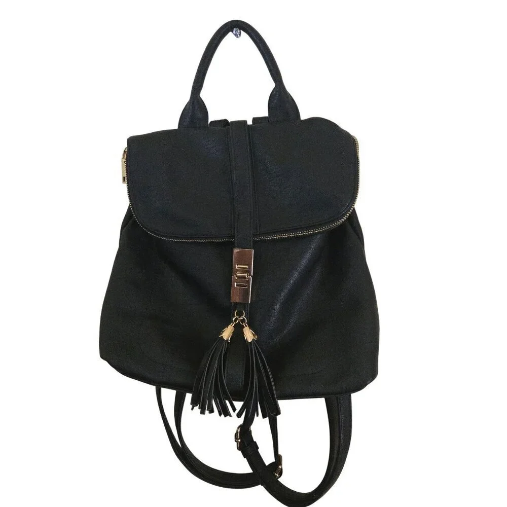 Myztique The Diana Backpack Black Faux Leather Adjustable Zip Snap Closure